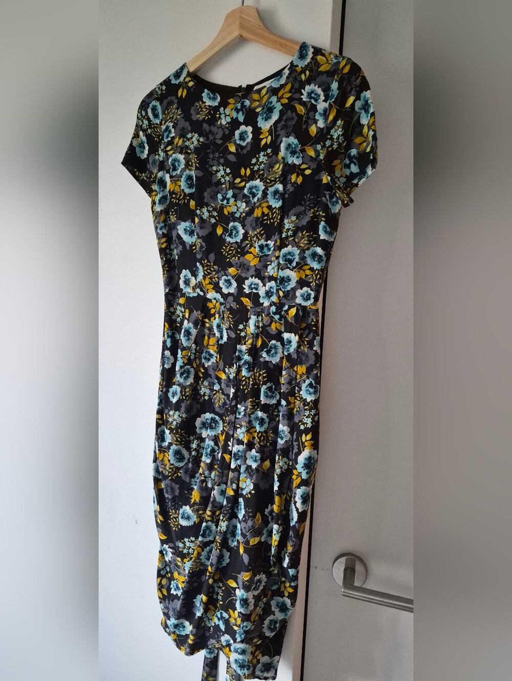 Yumi Kim Black Midi Dress with Teal and Mustard Floral Print 100% Silk